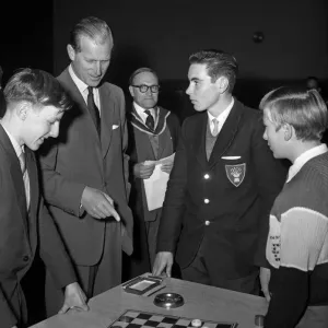Black and white print of Prince Philip at Lockleaze School, Bristol