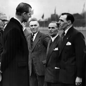 Black and white Print of Prince Philip meeting dockers in Liverpool, 1953