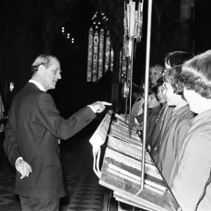 Prince Philip, Duke of Edinburgh during his tour of Worcester Cathedral. 4th May 1978