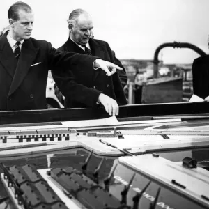 Prince Philip, Duke of Edinburgh, visiting Liverpool. The Duke is shown a model of