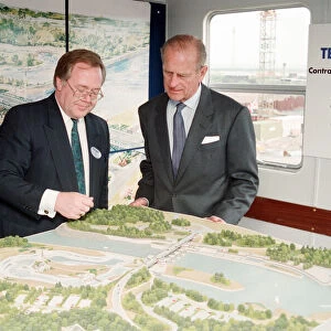 Prince Philip visiting Tees Barrage, looking at a model of Tees Barrage. 18th May 1993