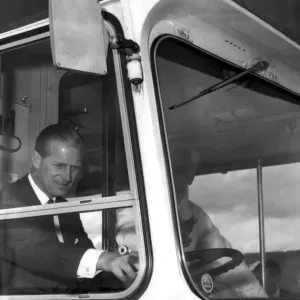 Prince Philip at the wheel of a double decker bus during his visit to the Leyland works Prince Philip at the wheel of a double decker bus during his visit to the Leyland works
