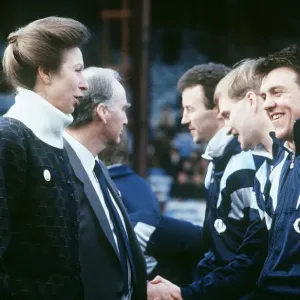 Princess Anne meeting rugby players at Scotland v Wales match January 1989