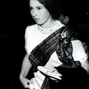 Princess Anne at Perth Hunt ball in 1968 wearing tartan sash