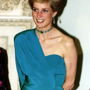 Print of Princess Diana at a 1989 London banquet