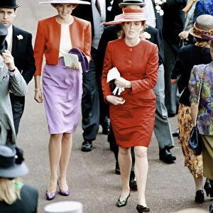 Princess Diana attends the first day of the Ascot races with Sarah Ferguson