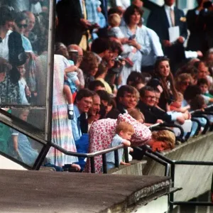 Princess Diana and Prince Harry lean over the railings to shout encouragement to Prince