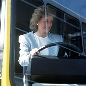 Princess Diana, Princess of Wales at the wheel of a bus during a visit to the Walter