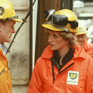 Princess Diana visits the BP Forties oil rig in the North Sea, west of Aberdeenshire