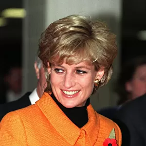 Princess Diana, wearing orange jacket, poppy and black jumper visits Liverpool