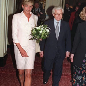 PRINCESS DIANA, WEARING WHITE SUIT, WITH LORD STEVENS AT THE DAILY STAR GOLD STAR AWARDS