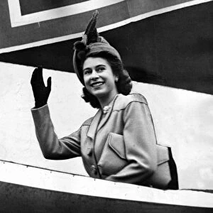 Princess Elizabeth, October 1947, waving from the launch of the Caronia ship before she