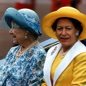 Princess Margaret and the Queen Mother June 1993 ride in an open carriage during