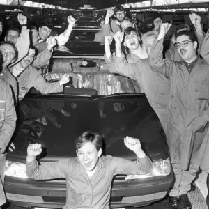 Production line workers at the Peugeot factory at Ryton are seen here celebrating the Car