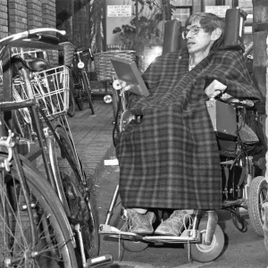 Professor Stephen Hawking, out and about in Cambridge December 1990