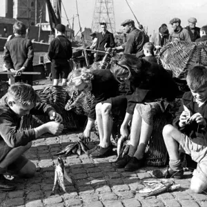 Prospective fishermen of England stringing their morning fry