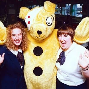 Pudsey Bear with Gazette staff Yvonne White and Lynn McMahon. 17th November 1992