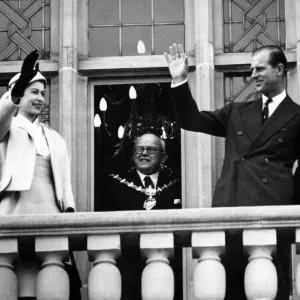 The Queen and Duke of Edinburgh on the balcony of Dudley Town Hall. 24th April 1957 The Queen and Duke of Edinburgh on the balcony of Dudley Town Hall. 24th April 1957