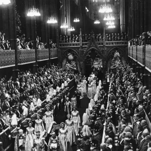 Queen Elizabeth II The Coronation 1953 leaving Westminster Abbey walking down Queen Elizabeth II The Coronation 1953 leaving Westminster Abbey walking down