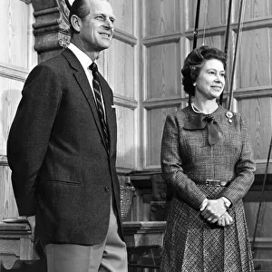 Queen Elizabeth II with Prince Philip in the main hall during a photocall at Balmoral
