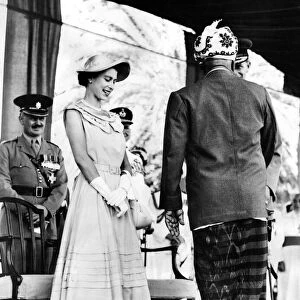 Queen Elizabeth II and Prince Philip meeting dignitaries in Aden during the Royal Tour of