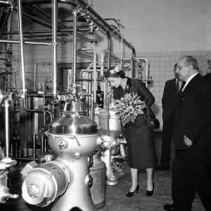 Queen Elizabeth II and the royal party visit a state farm in Denmark. 25th May 1957 Queen Elizabeth II and the royal party visit a state farm in Denmark. 25th May 1957