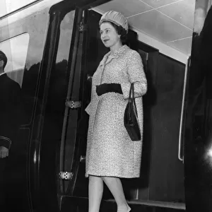 Queen Elizabeth II steps off the Royal Train at Bryn Station. 17th May 1968