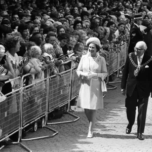 Queen Elizabeth II visits the Precinct, Coventry, with the Lord Mayor and Mayoress