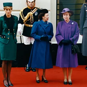 Queen Elizabeth with Princess Margaret and Princess Diana waiting to greet the Italian