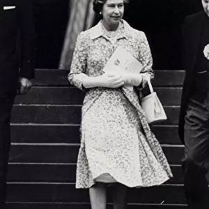 The Queen leaving church wearing patterned dress and hat - July 1982 13 / 07 / 1982