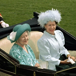 Queen Mother with Princess Margaret sitting in carriage Royal Ascot horse racing June