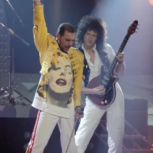 Queen Rock Group - Freddie Mercury and Brian May on stage. November 1989 Queen Rock Group - Freddie Mercury and Brian May on stage. November 1989