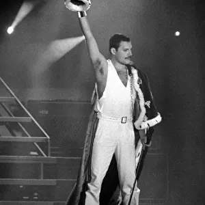 Queen Rock Group - Freddie Mercury in concert at St James Park in Newcastle. 1986