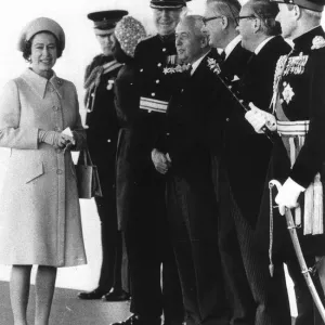 The Queen waits to greet Queen Margrethe at Windsor. May 1974 With her are The Queen waits to greet Queen Margrethe at Windsor. May 1974 With her are