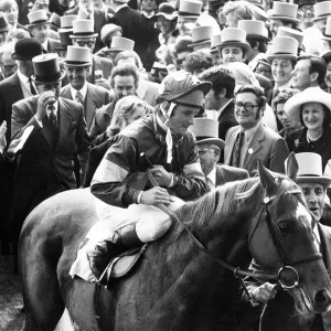 Racehorse Grundy and jockey Pat Eddery are led in after winning The Derby at Epsom Racehorse Grundy and jockey Pat Eddery are led in after winning The Derby at Epsom