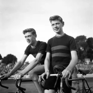 Racing Cyclists Print: Twins on Bicycles, June 1952 Racing Cyclists Print: Twins on Bicycles, June 1952