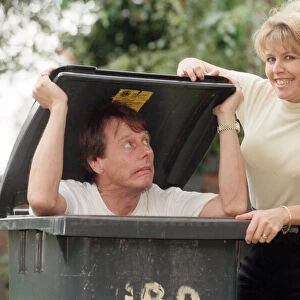 Radio WM presenters, Tony Wadsworth in a wheelie bin and Julie Mayer. 17th October 1997