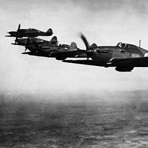 Six RAF early Hawker Hurricane MK1 fighter aircraft with two blade fixed pitch