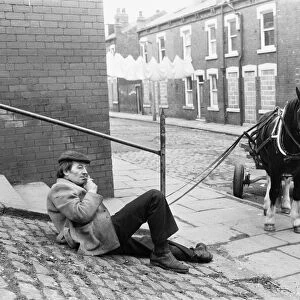A rag and bone man and his horse and cart seen here taking rest from travelling