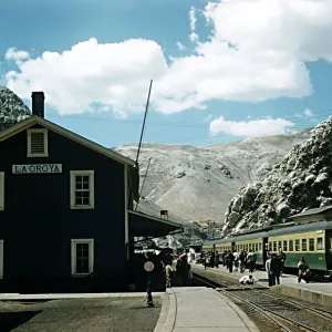 Railway station at La Oroya along route of Central Railway of Peru circa 1971