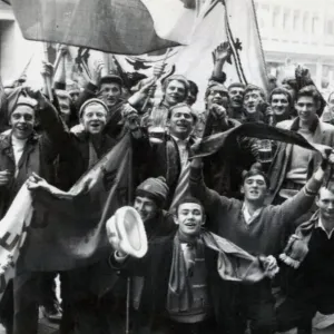 Rangers football fans in celebratory mood at Nuremberg Railway Station as they arrive in Rangers football fans in celebratory mood at Nuremberg Railway Station as they arrive in