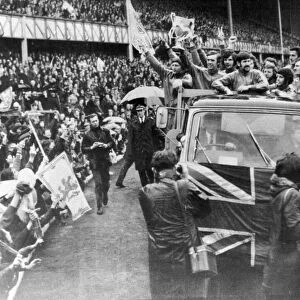 Rangers parade the European Cup at Ibrox Stadium. The victory was marred by fans