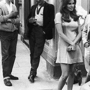Raquel Welch actress as Lust in film Bedazzled outside a pub in Fulham London during a