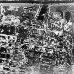 Aerial photograph print of damaged synthetic rubber factory Aerial photograph print of damaged synthetic rubber factory