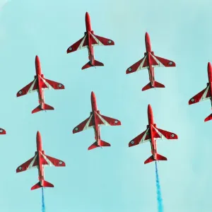The Red Arrows, RAF Aerobatic Team, performing at the 1993 500 CC British Motorcycle The Red Arrows, RAF Aerobatic Team, performing at the 1993 500 CC British Motorcycle