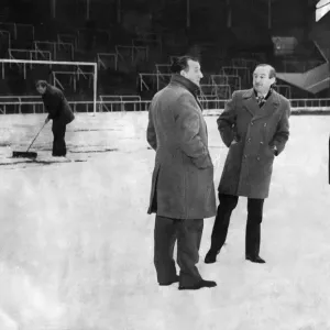 Black and white print of Anfield pitch in snow Black and white print of Anfield pitch in snow