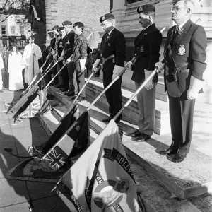 Remembrance Day Parade, Stockton, Sunday 10th November 1985. Standards are lowered Remembrance Day Parade, Stockton, Sunday 10th November 1985. Standards are lowered