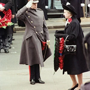 Remembrance Day parade at Whitehall, London. Queen Elizabeth II. 11th November 1991