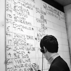 The results of the racing at Saint Cloud in Paris are marked on the board at Ladbrokes