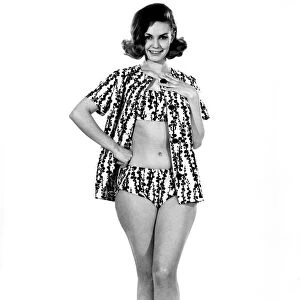 Reveille fashions 1963: Annie Hayes modelling leaf print bikini and match beach jacket